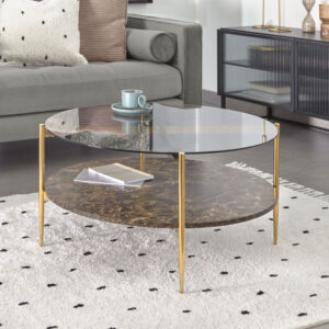 Kave Home Salontafel Kamilah Glas, marmerlook en gouden frame, Ø84cm