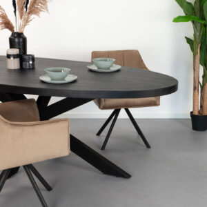 LivingFurn Ovale Eettafel Kala Spider Mangohout en staal, 210 x 100cm, kleur zwart